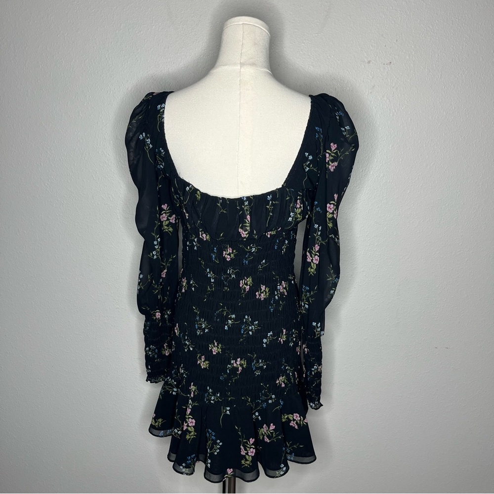 For Love & Lemons Black Floral Long Sleeve Smocked Dixon Mini Skirt - Picture 3 of 10